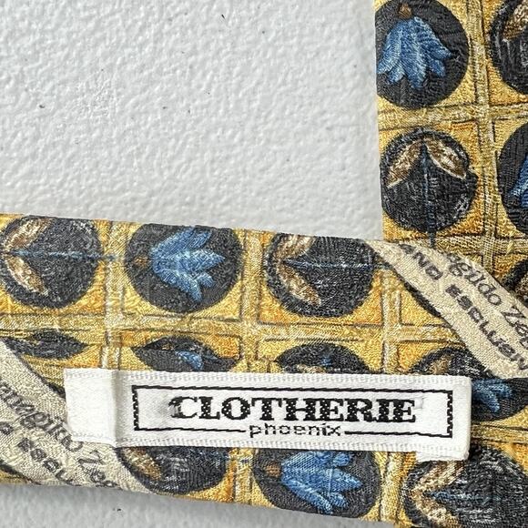 Ermenegildo Zegna Men's 100% Silk Yellow with Floral/ Geometric Pattern Tie - Picture 8 of 10